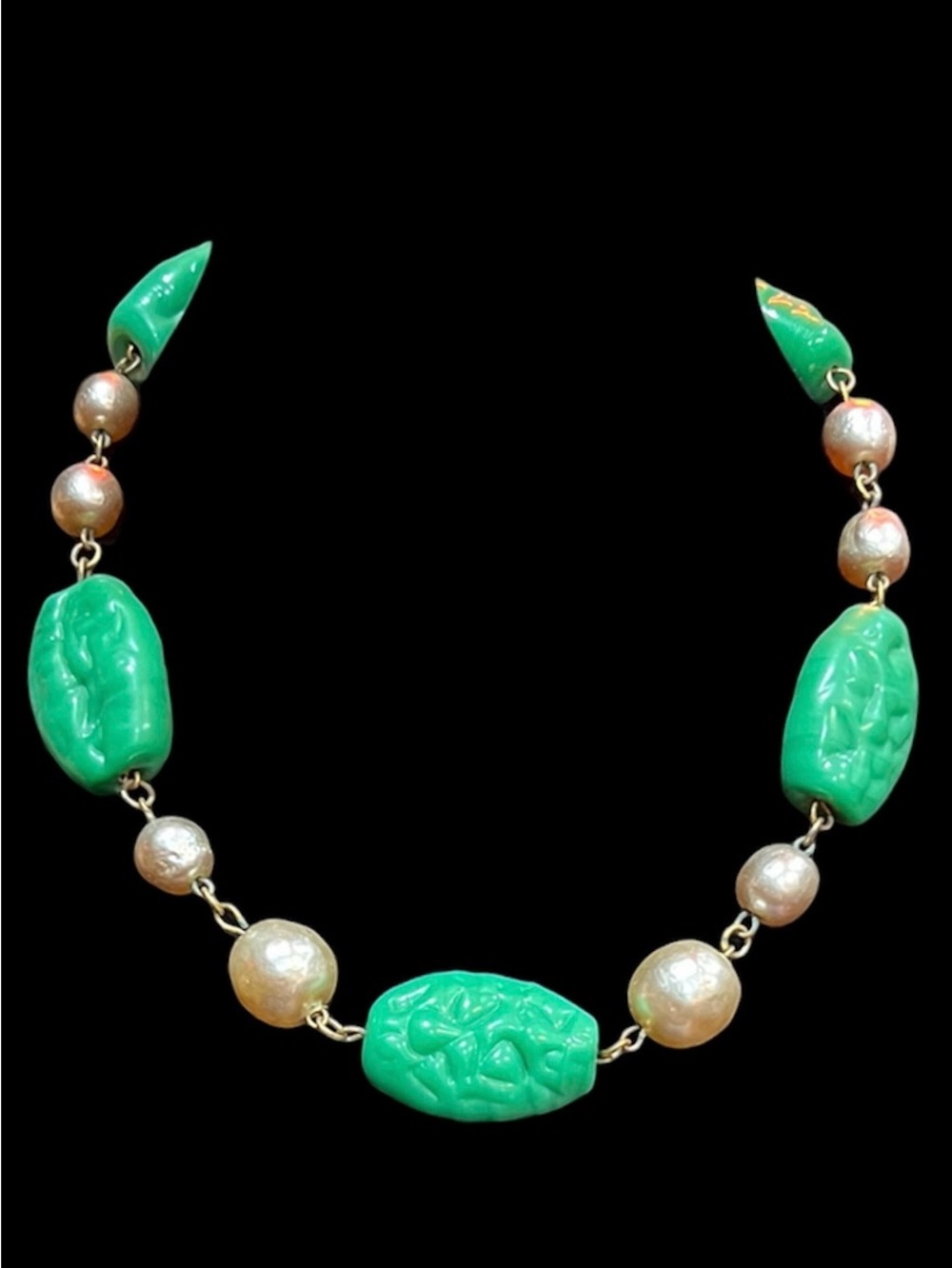 Miriam Haskell- Green Glass & Faux Blistered Pearl Vintage Necklace